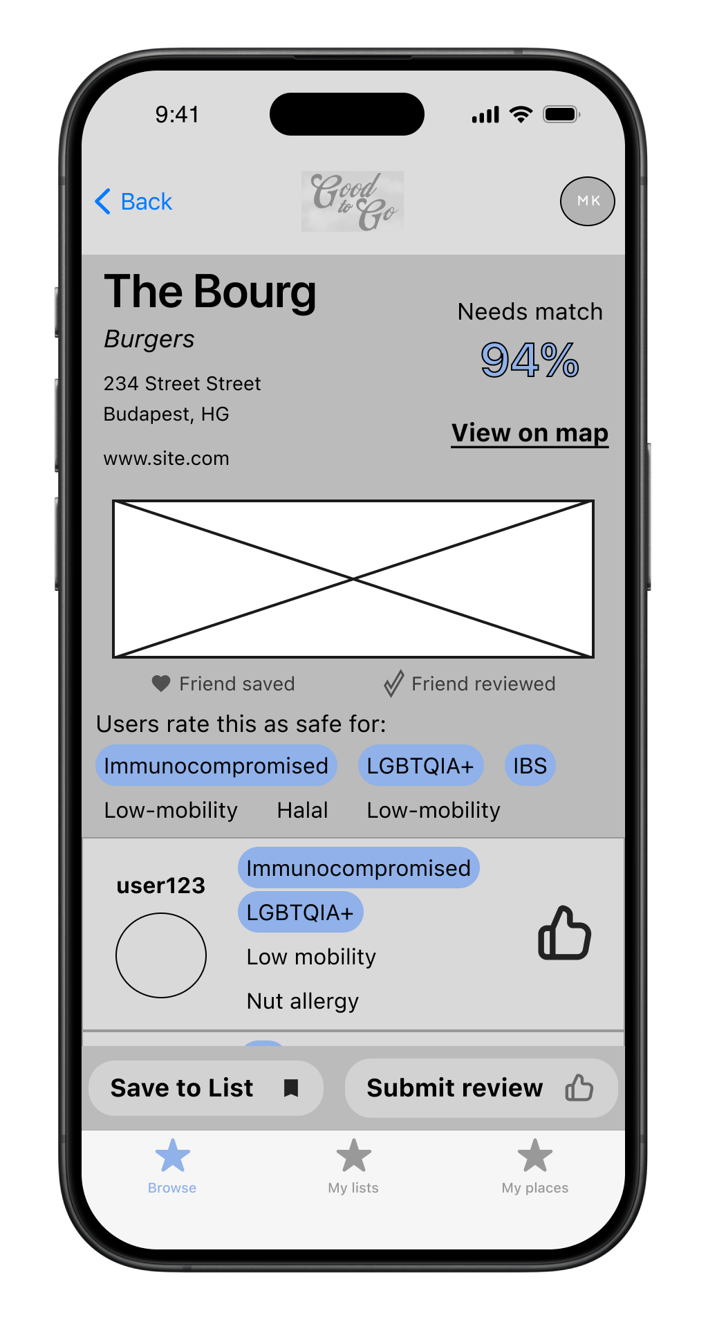 App design preview showing the screen where a user can see details about a business