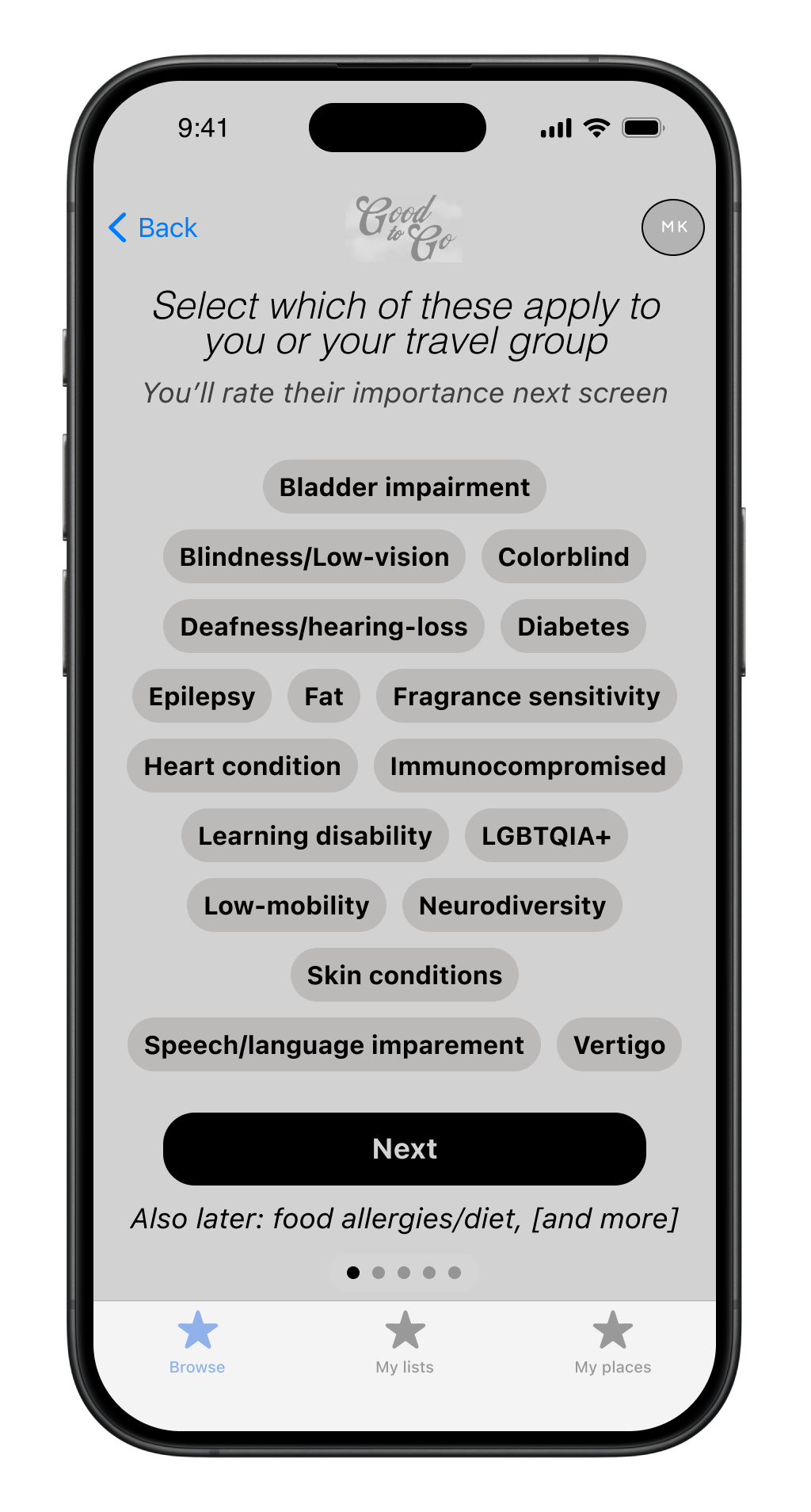 App design preview showing the screen where a user can select needs