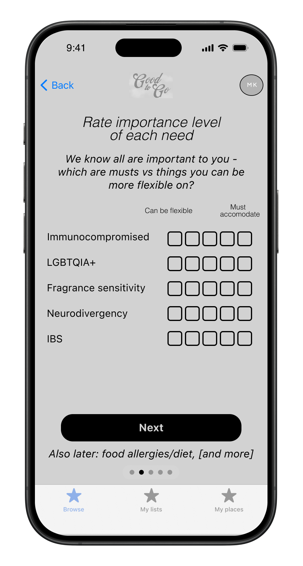 App design preview showing the screen where a user can rate the importance of each selected need